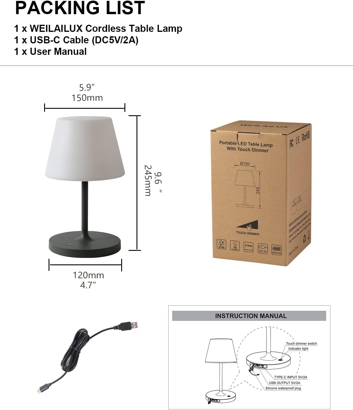 Outdoor Table Lamp, Shower Lamp Waterproof (Wood Grain H9.6in)