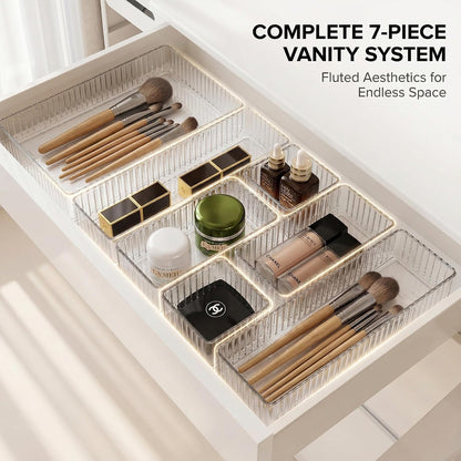 7PCS Stackable Bathroom Drawer Organizer-Clear Acrylic Drawer Organizer and Makeup Drawer Organizer with 4 Sizes 7 Grids for Vanity, Kitchen, Office Supplies