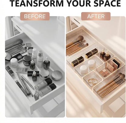 7PCS Stackable Bathroom Drawer Organizer-Clear Acrylic Drawer Organizer and Makeup Drawer Organizer with 4 Sizes 7 Grids for Vanity, Kitchen, Office Supplies