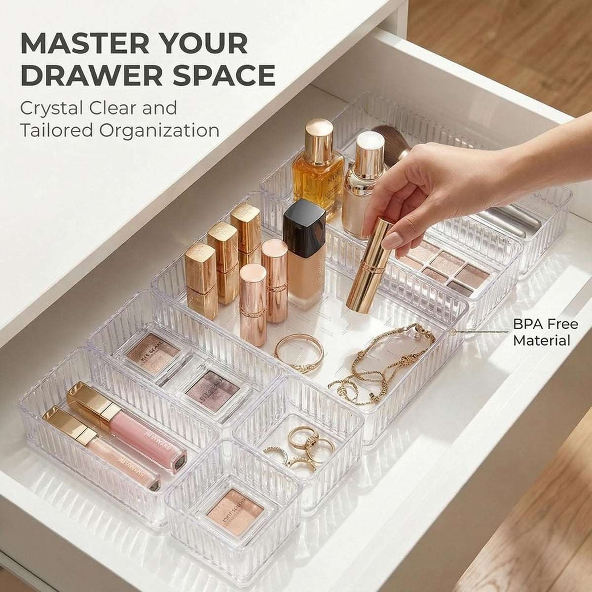 7PCS Stackable Bathroom Drawer Organizer-Clear Acrylic Drawer Organizer and Makeup Drawer Organizer with 4 Sizes 7 Grids for Vanity, Kitchen, Office Supplies