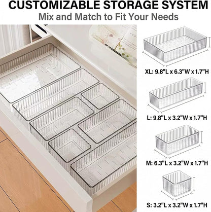 7PCS Stackable Bathroom Drawer Organizer-Clear Acrylic Drawer Organizer and Makeup Drawer Organizer with 4 Sizes 7 Grids for Vanity, Kitchen, Office Supplies
