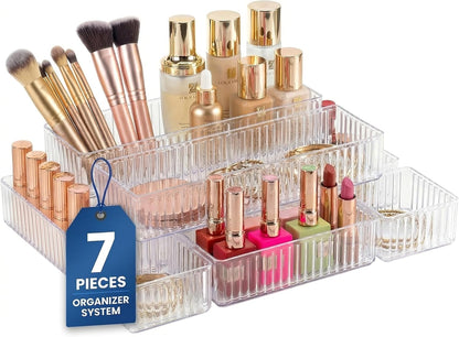 7PCS Stackable Bathroom Drawer Organizer-Clear Acrylic Drawer Organizer and Makeup Drawer Organizer with 4 Sizes 7 Grids for Vanity, Kitchen, Office Supplies