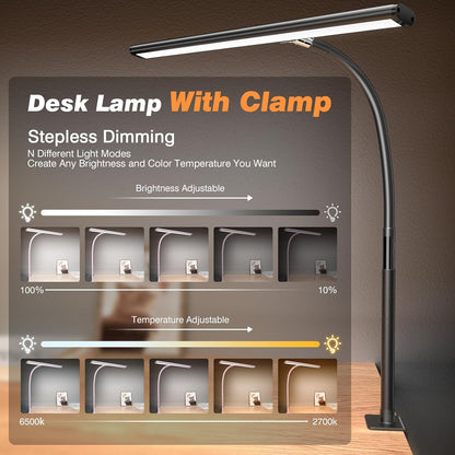 LED Desk Lamp with Clamp, 17" Stepless Dimming Light, Black