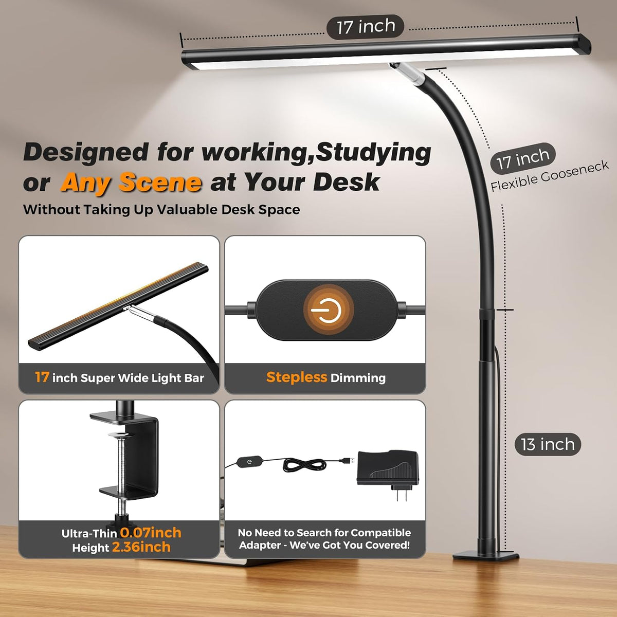 LED Desk Lamp with Clamp, 17" Stepless Dimming Light, Black