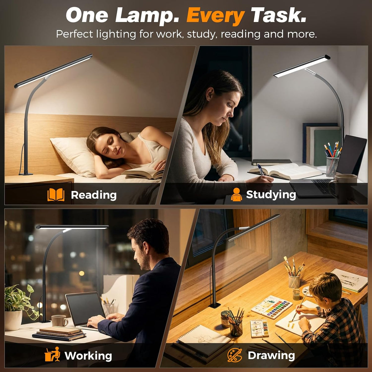 LED Desk Lamp with Clamp, 17" Stepless Dimming Light, Black