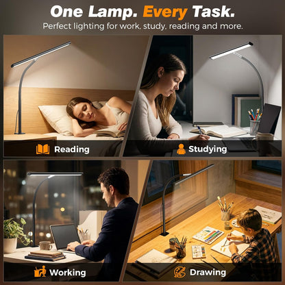 LED Desk Lamp with Clamp, 17" Stepless Dimming Light, Black