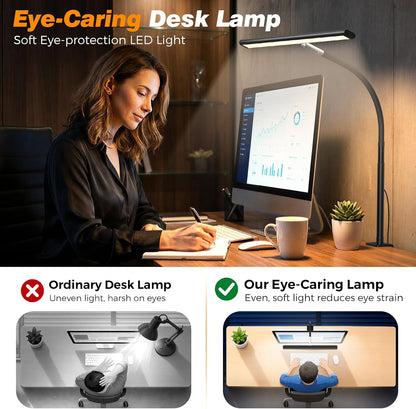 LED Desk Lamp with Clamp, 17" Stepless Dimming Light, Black