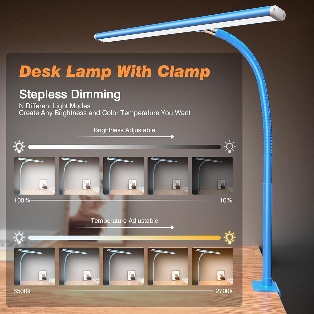 LED Desk Lamp with Clamp, 17" Stepless Dimming Light, Black