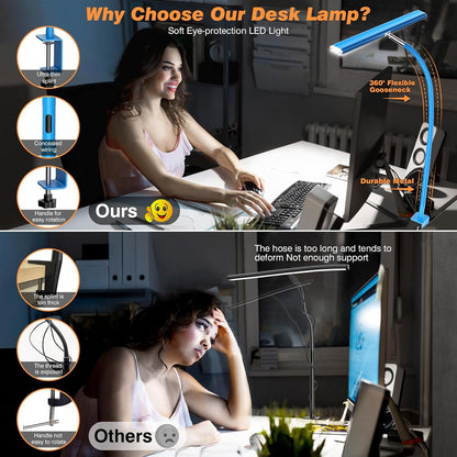 LED Desk Lamp with Clamp, 17" Stepless Dimming Light, Black