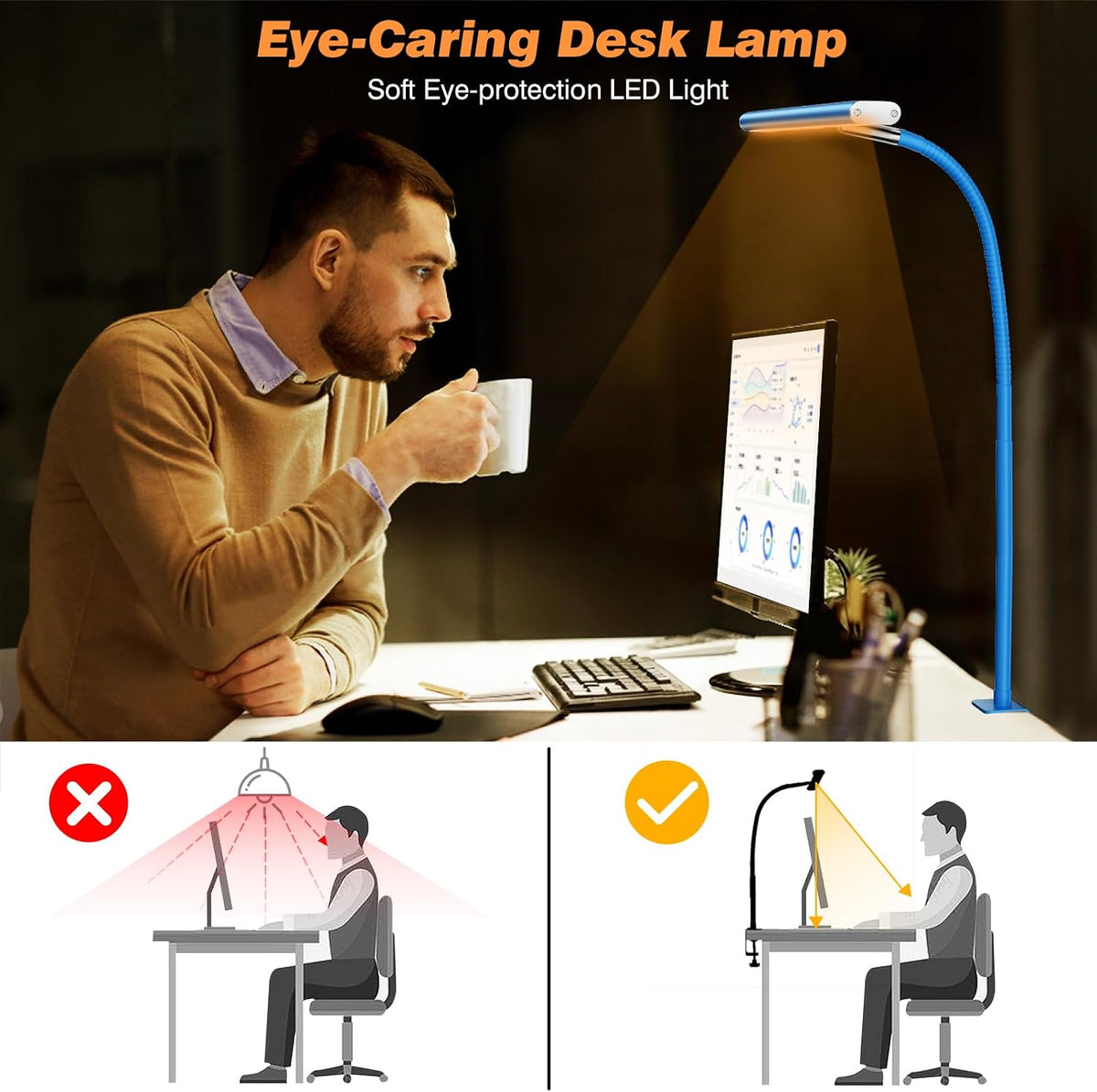 LED Desk Lamp with Clamp, 17" Stepless Dimming Light, Black