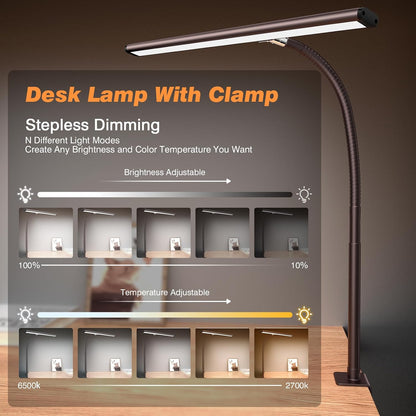 LED Desk Lamp with Clamp, 17" Stepless Dimming Light, Black
