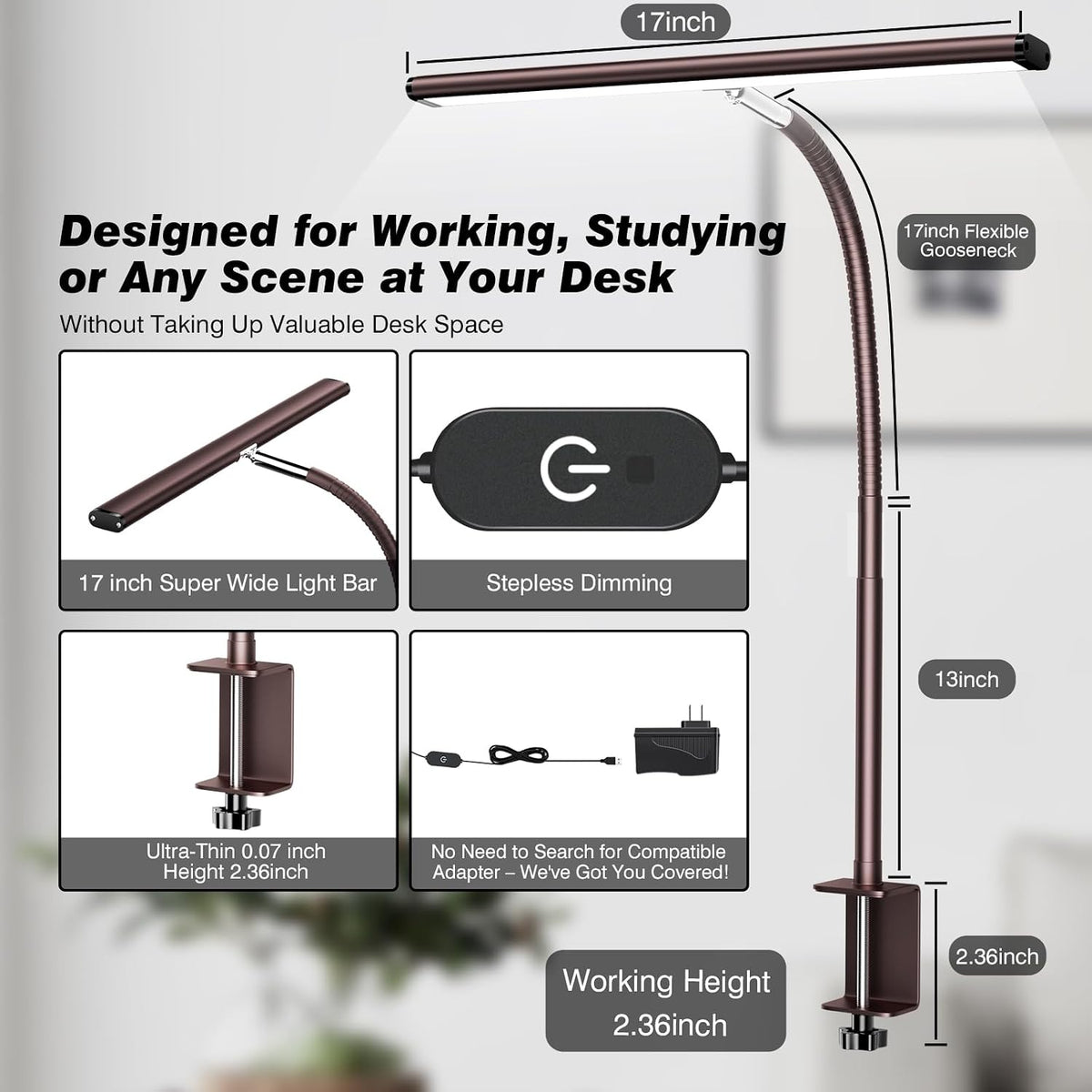 LED Desk Lamp with Clamp, 17" Stepless Dimming Light, Black