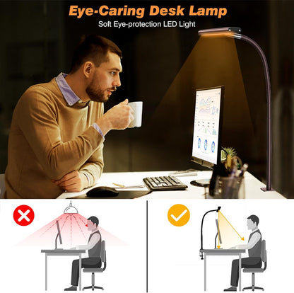 LED Desk Lamp with Clamp, 17" Stepless Dimming Light, Black
