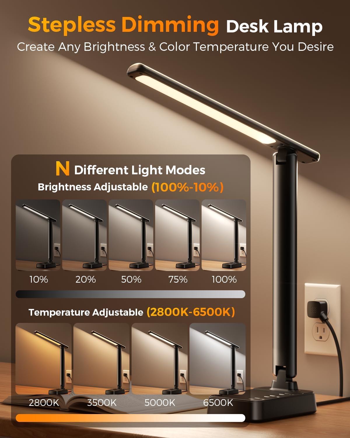 LED Desk Lamp with Clamp, 17" Stepless Dimming Light, Black