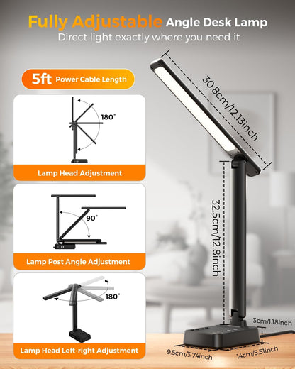 LED Desk Lamp with Clamp, 17" Stepless Dimming Light, Black
