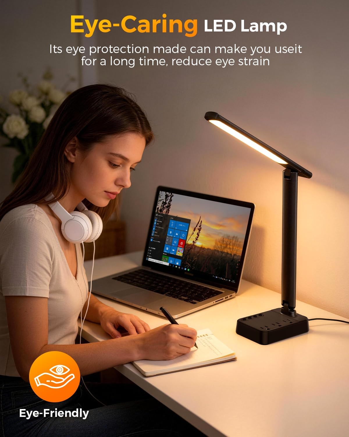 LED Desk Lamp with Clamp, 17" Stepless Dimming Light, Black