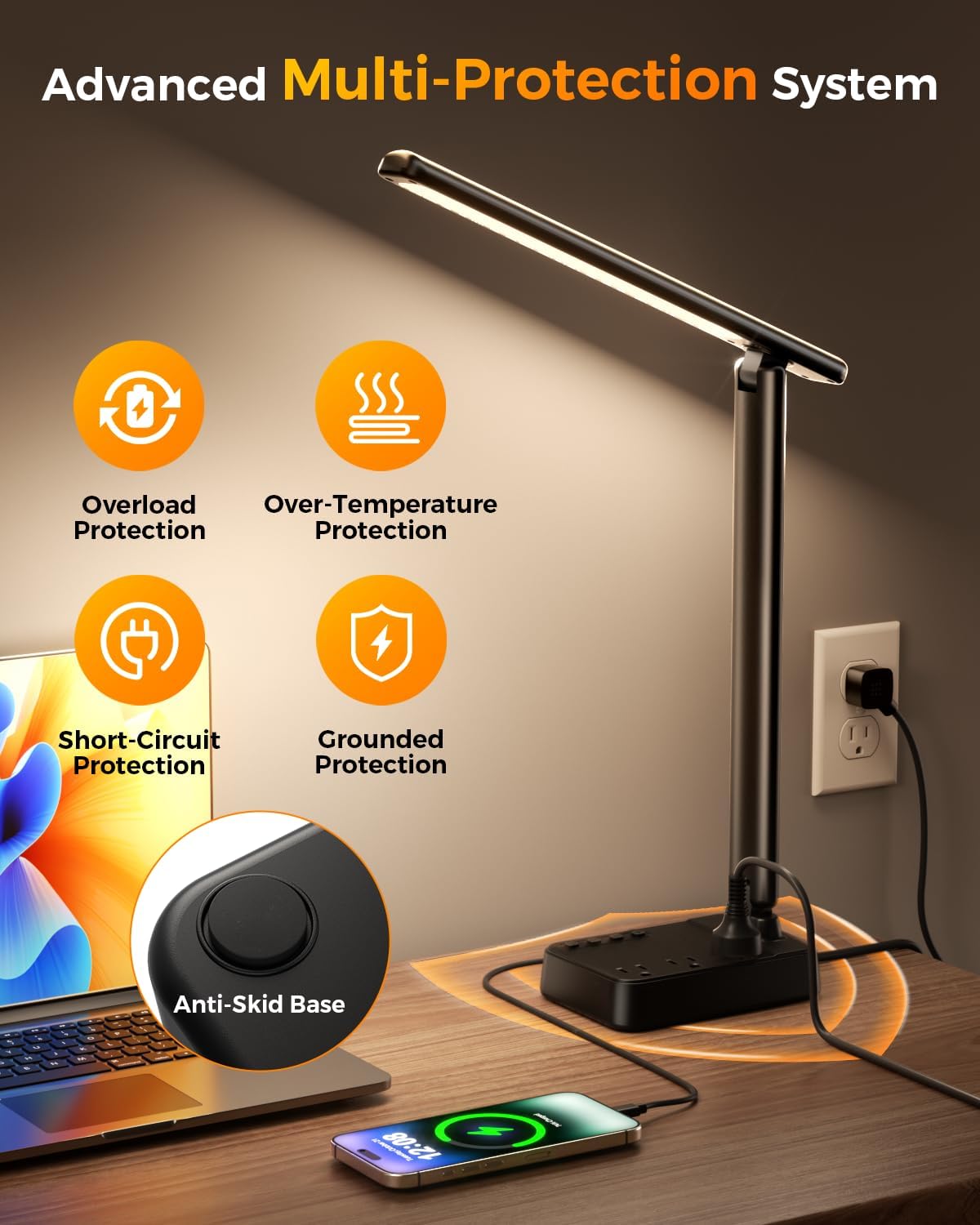 LED Desk Lamp with Clamp, 17" Stepless Dimming Light, Black