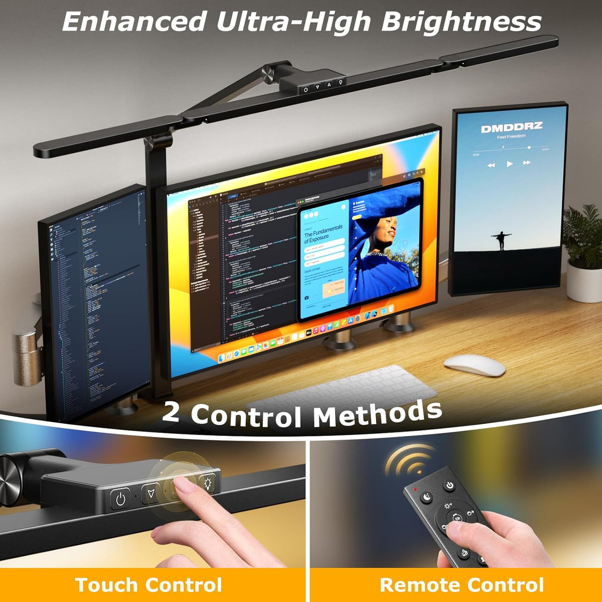 LED Desk Lamp with Clamp, 17" Stepless Dimming Light, Black