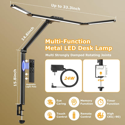 LED Desk Lamp with Clamp, 17" Stepless Dimming Light, Black