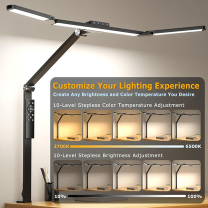 LED Desk Lamp with Clamp, 17" Stepless Dimming Light, Black