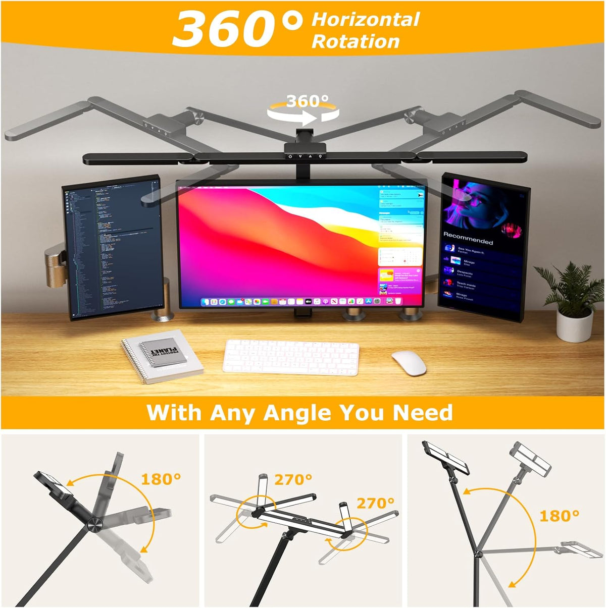 LED Desk Lamp with Clamp, 17" Stepless Dimming Light, Black