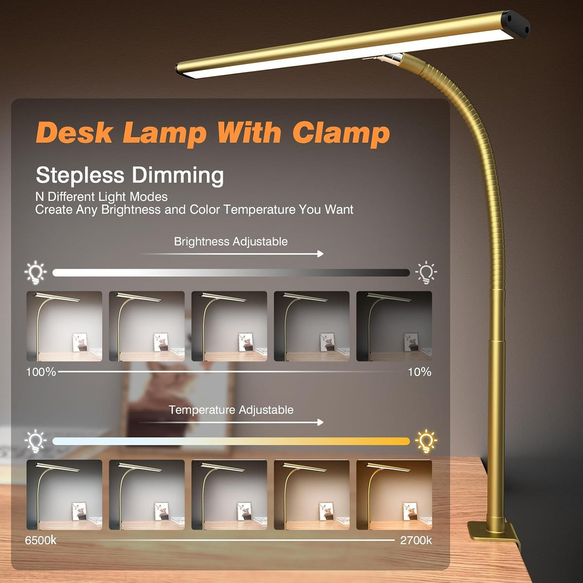 LED Desk Lamp with Clamp, 17" Stepless Dimming Light, Black