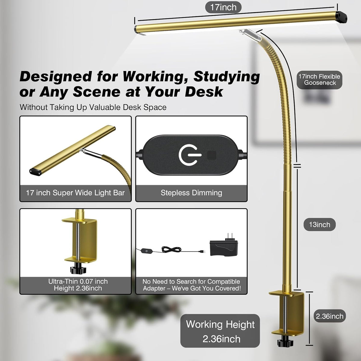 LED Desk Lamp with Clamp, 17" Stepless Dimming Light, Black