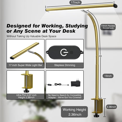 LED Desk Lamp with Clamp, 17" Stepless Dimming Light, Black