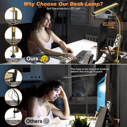 LED Desk Lamp with Clamp, 17" Stepless Dimming Light, Black