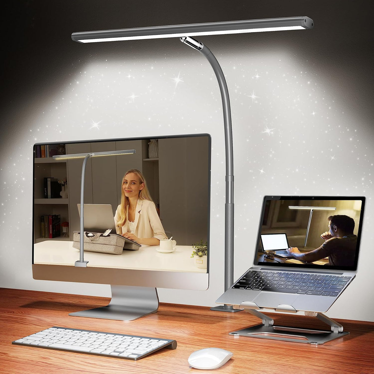LED Desk Lamp with Clamp, 17" Stepless Dimming Light, Black