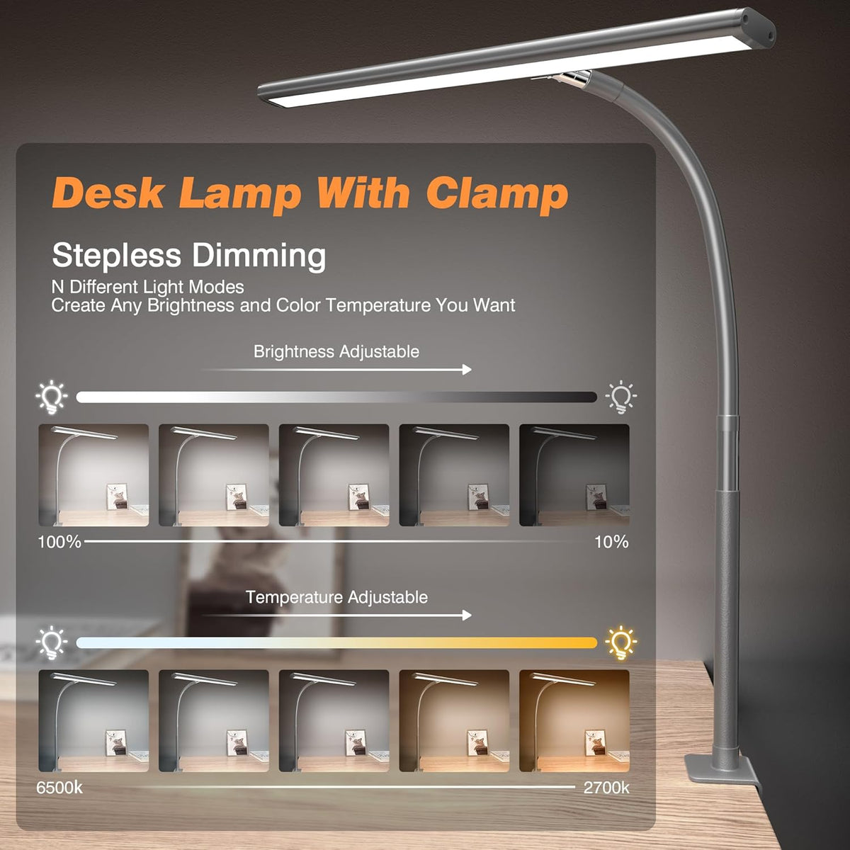 LED Desk Lamp with Clamp, 17" Stepless Dimming Light, Black