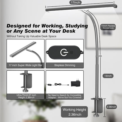 LED Desk Lamp with Clamp, 17" Stepless Dimming Light, Black