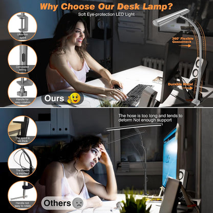 LED Desk Lamp with Clamp, 17" Stepless Dimming Light, Black