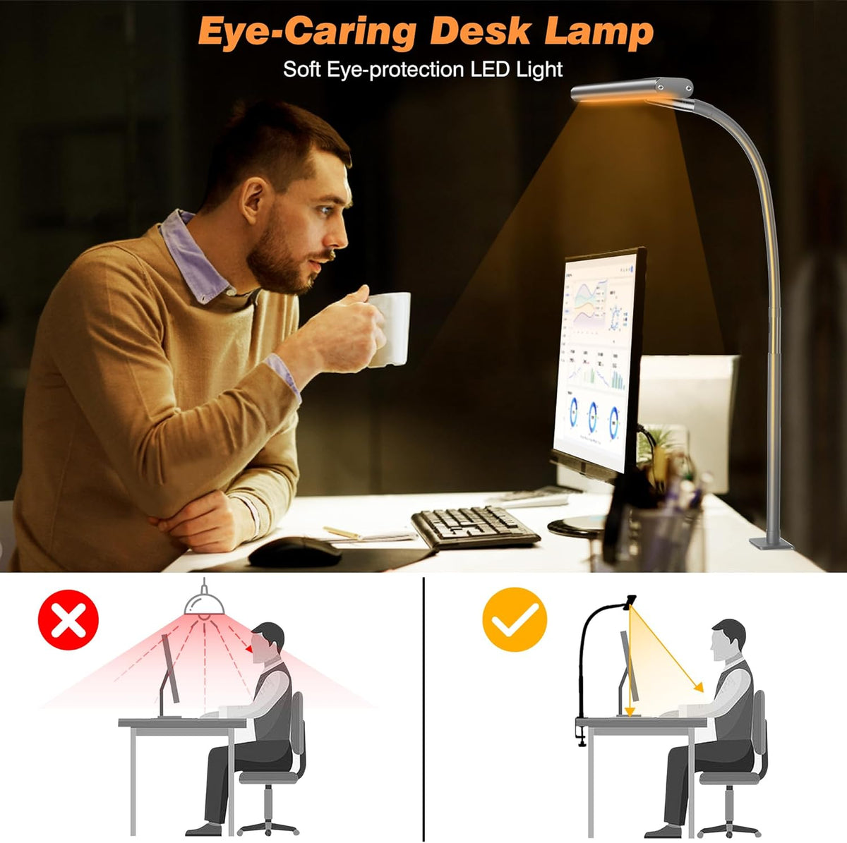 LED Desk Lamp with Clamp, 17" Stepless Dimming Light, Black