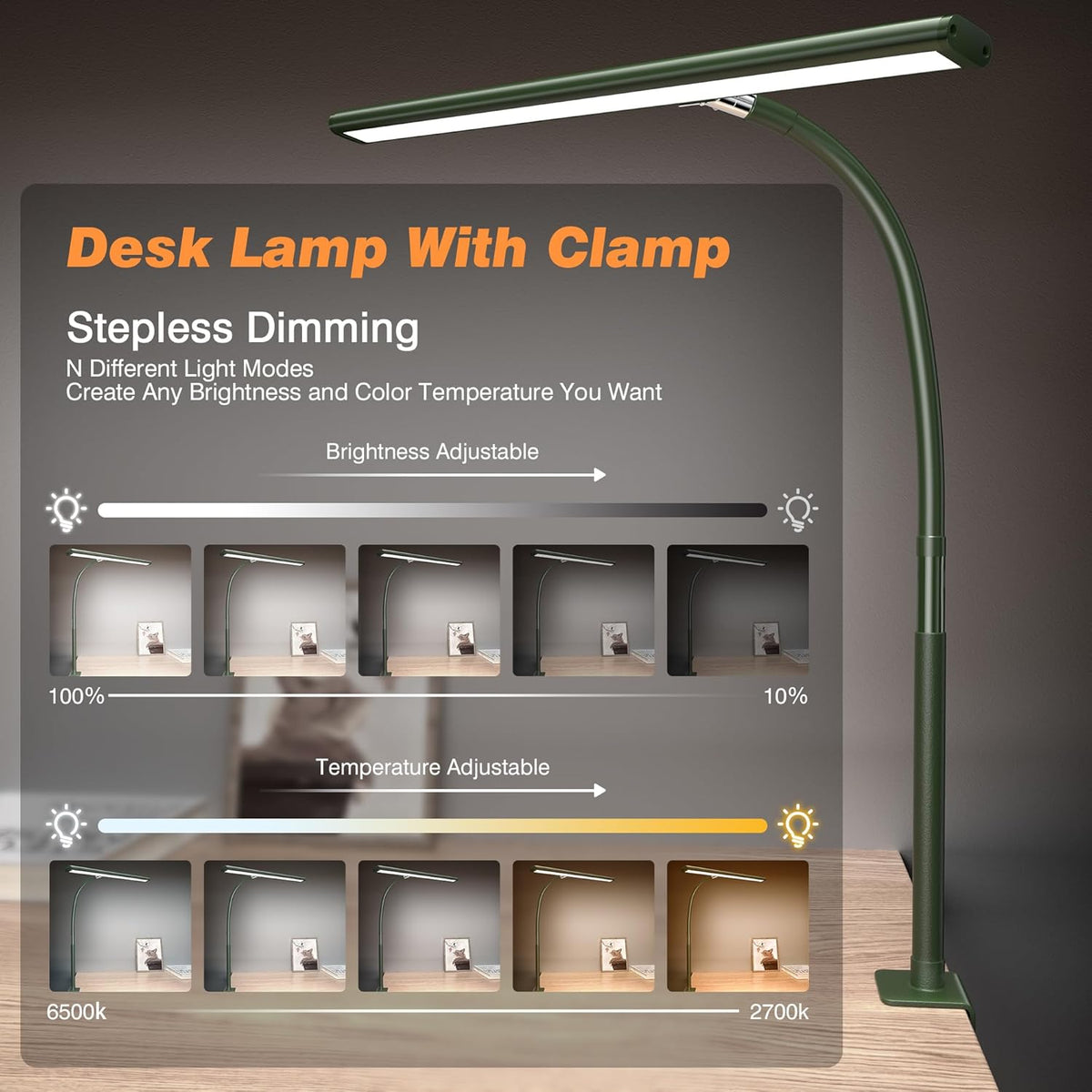 LED Desk Lamp with Clamp, 17" Stepless Dimming Light, Black