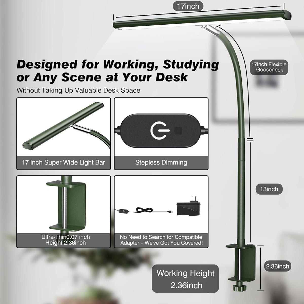 LED Desk Lamp with Clamp, 17" Stepless Dimming Light, Black