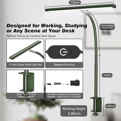 LED Desk Lamp with Clamp, 17" Stepless Dimming Light, Black