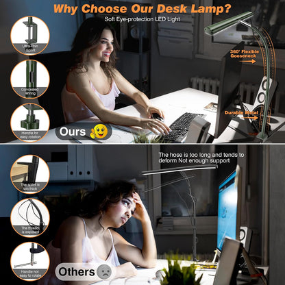 LED Desk Lamp with Clamp, 17" Stepless Dimming Light, Black