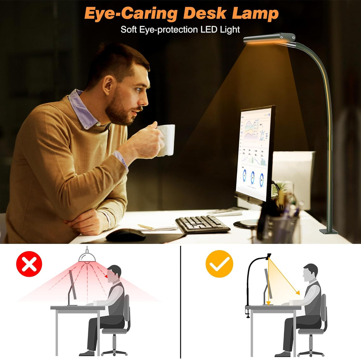 LED Desk Lamp with Clamp, 17" Stepless Dimming Light, Black