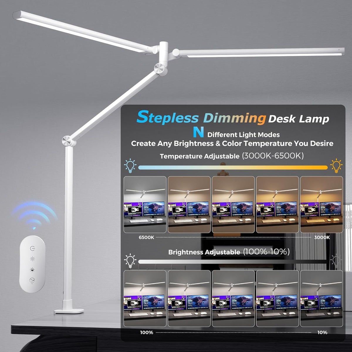 LED Desk Lamp with Clamp, 17" Stepless Dimming Light, Black