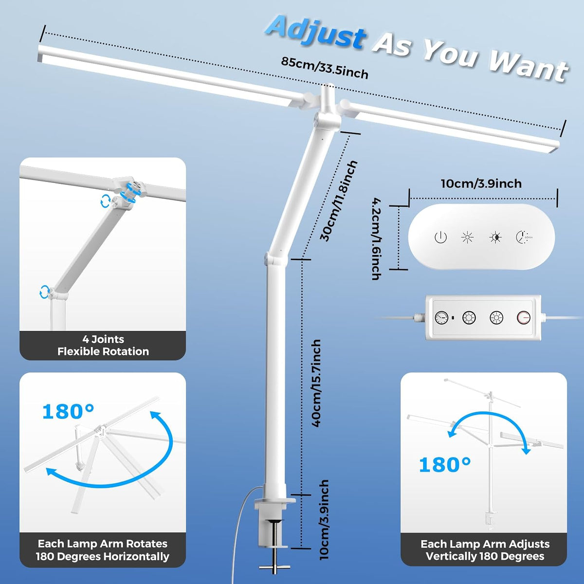 LED Desk Lamp with Clamp, 17" Stepless Dimming Light, Black