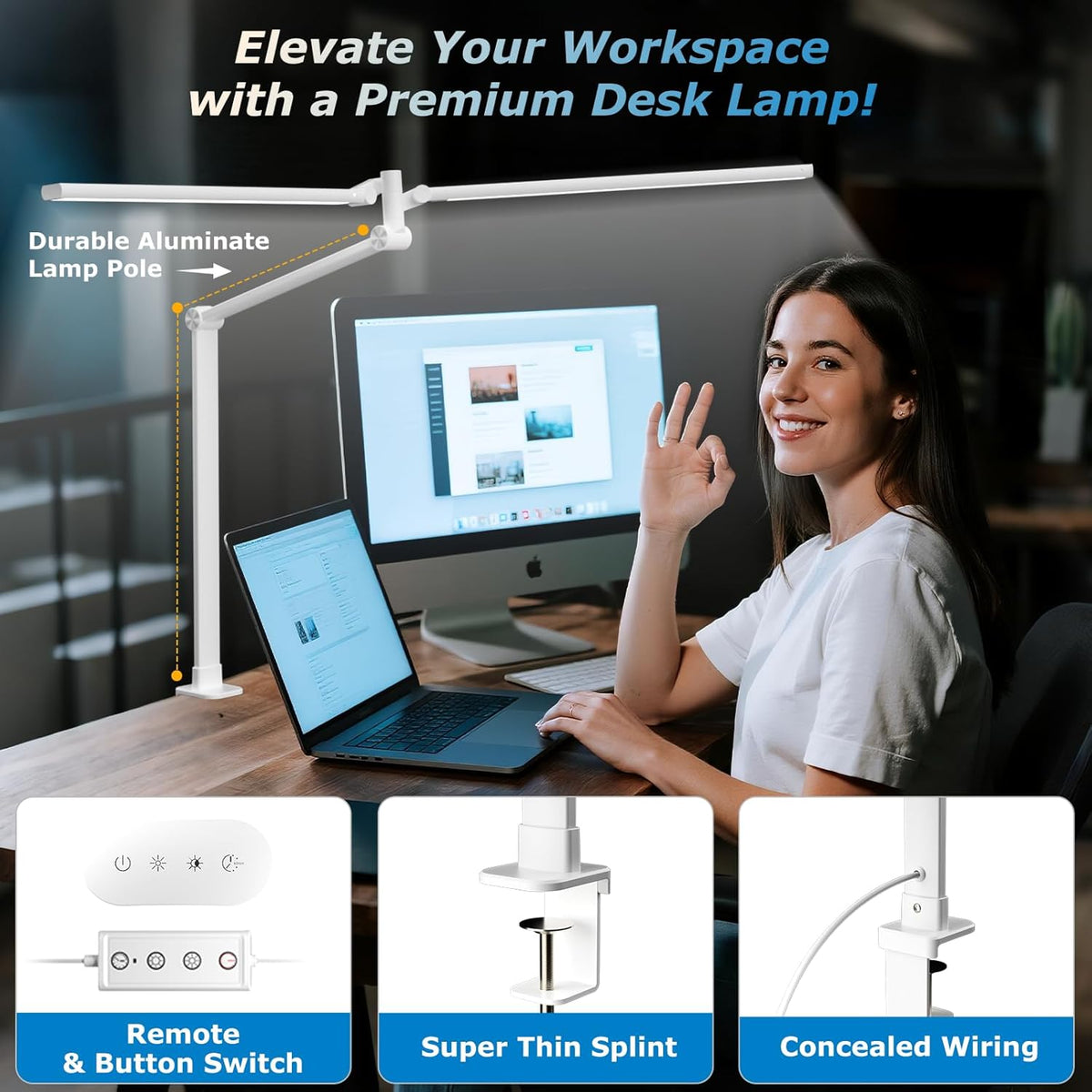 LED Desk Lamp with Clamp, 17" Stepless Dimming Light, Black