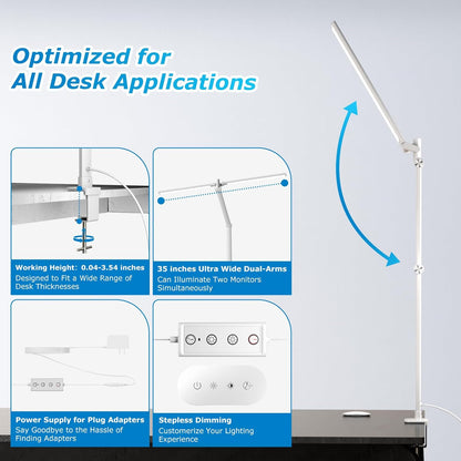 LED Desk Lamp with Clamp, 17" Stepless Dimming Light, Black