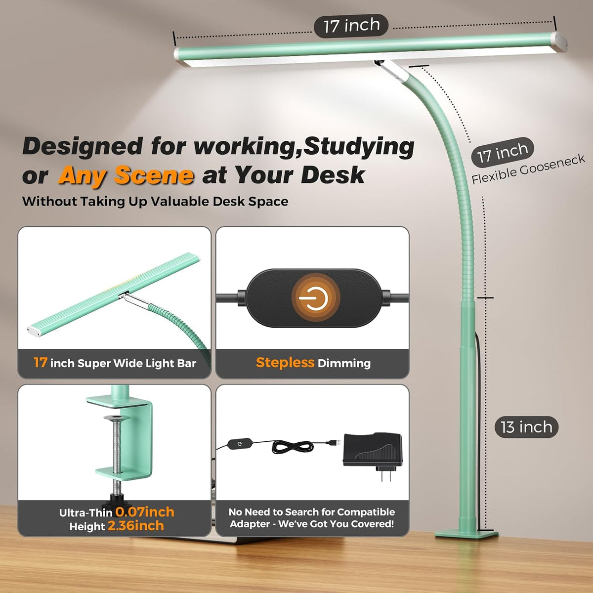 LED Desk Lamp with Clamp, 17" Stepless Dimming Light, Black