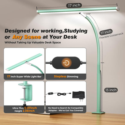 LED Desk Lamp with Clamp, 17" Stepless Dimming Light, Black