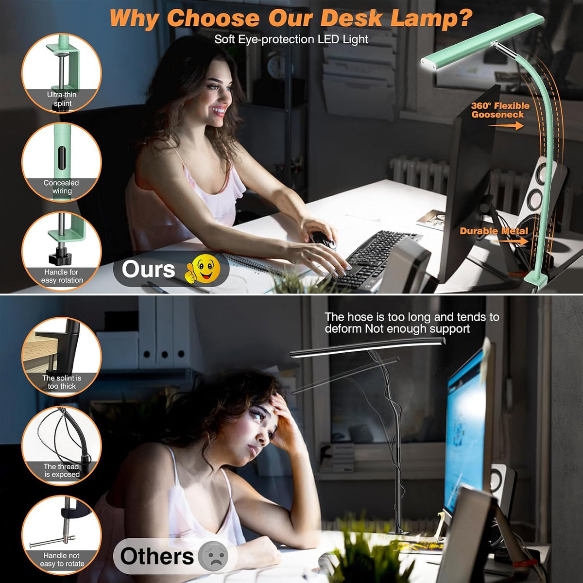 LED Desk Lamp with Clamp, 17" Stepless Dimming Light, Black