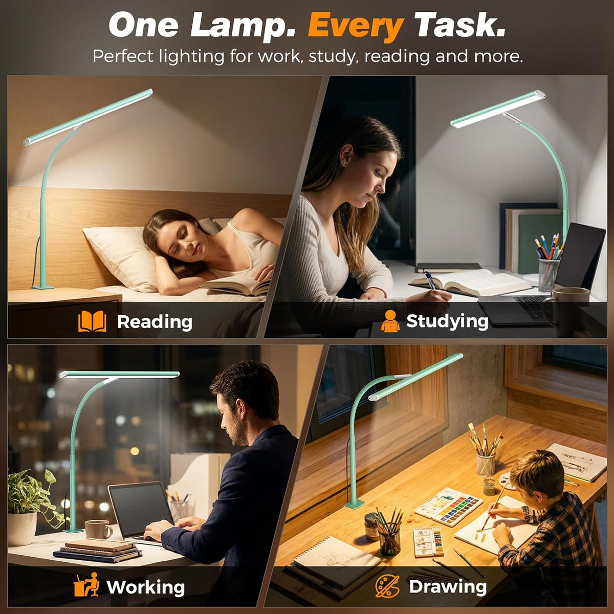 LED Desk Lamp with Clamp, 17" Stepless Dimming Light, Black