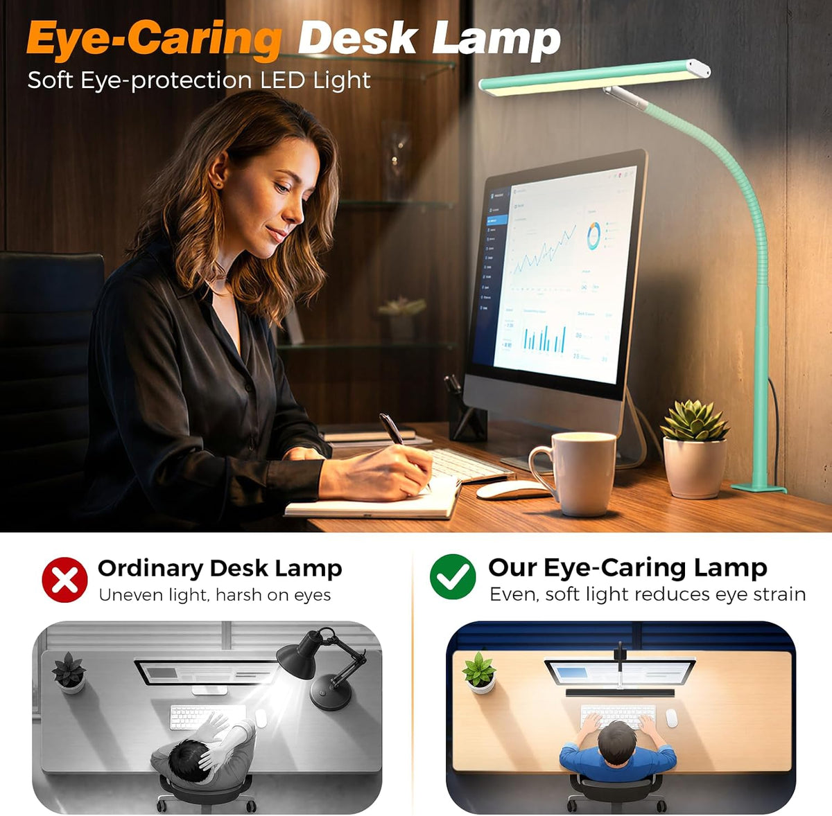 LED Desk Lamp with Clamp, 17" Stepless Dimming Light, Black