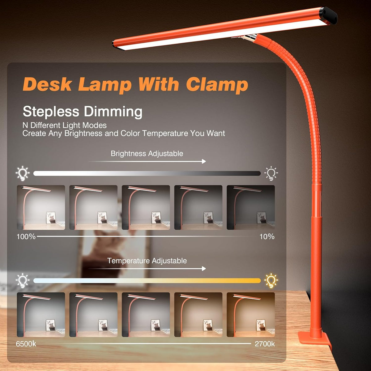 LED Desk Lamp with Clamp, 17" Stepless Dimming Light, Black