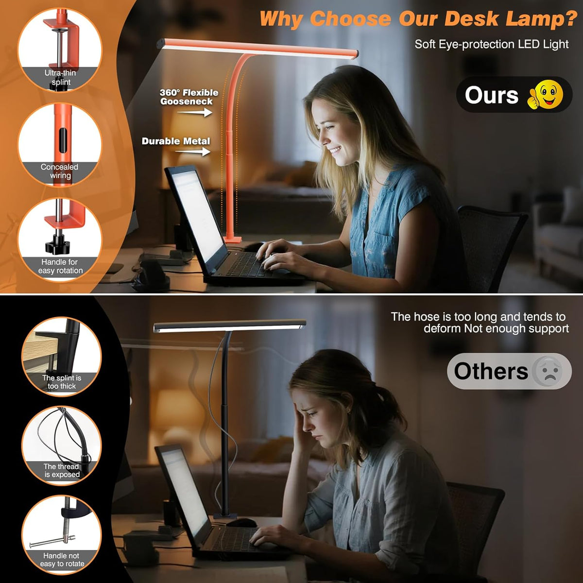 LED Desk Lamp with Clamp, 17" Stepless Dimming Light, Black